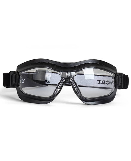 A pair of black safety goggles with clear lenses and adjustable straps.