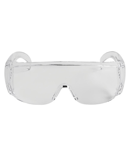 Clear protective eyewear with a wraparound design and logo on the side. Suitable for various uses.