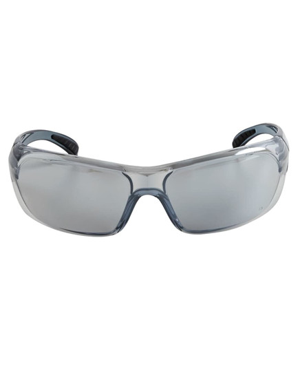 Blue and silver mirrored sunglasses with a sleek design and a logo on the side.