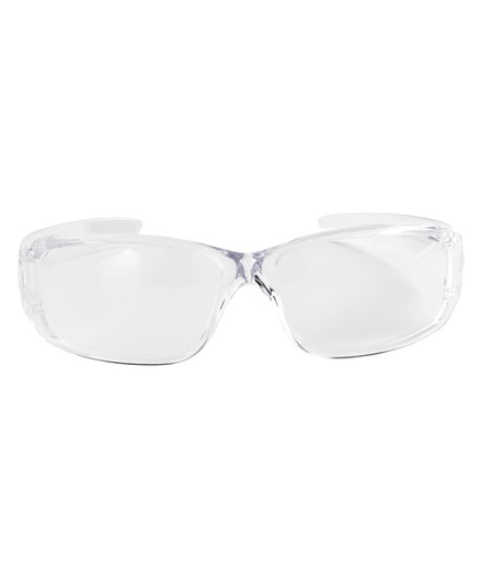 Clear safety glasses with a sleek design, featuring a wrap-around style and a logo on the frame.