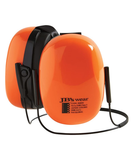 A pair of bright orange ear muffs with a neck band and a logo on the side.