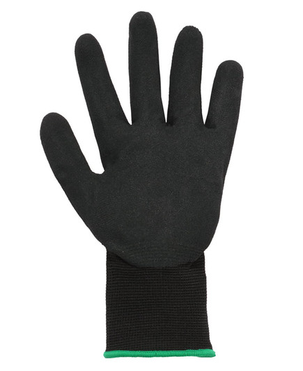 A black nitrile glove with a breathable design and a green cuff, featuring five fingers and a textured surface.