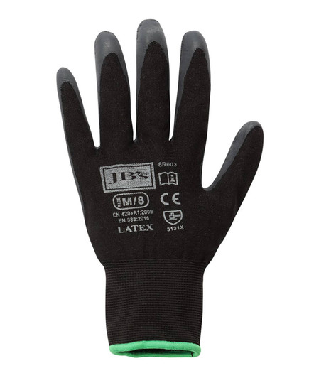 A pair of black latex gloves with a green cuff, featuring a logo and safety markings.