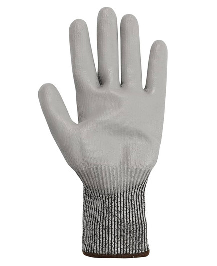 Breathable cut-resistant glove in grey with a knitted wrist, featuring a textured palm for grip.