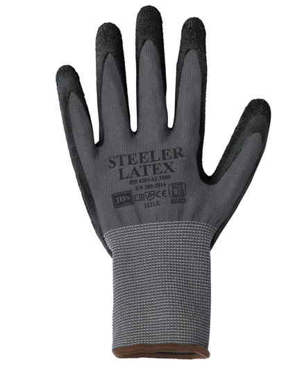 A grey and black latex glove with textured grips and a knitted wrist. Features a logo on the surface.