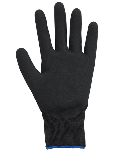 A black nitrile glove with a textured surface and a blue cuff. The glove has a fitted design and a brand logo.