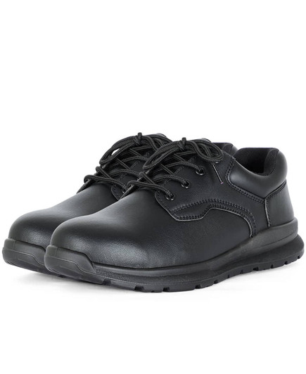A black lace-up steeltoe shoe with a casual design, featuring a textured upper and a thick sole.