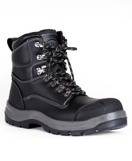 A black lace-up safety boot featuring a steel toe, rugged sole, and branding on the side.