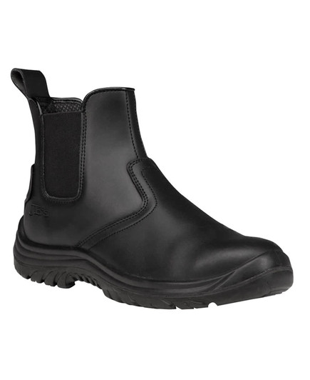 A black elastic-sided safety boot with a rubber sole, featuring a logo on the side and textured panels.