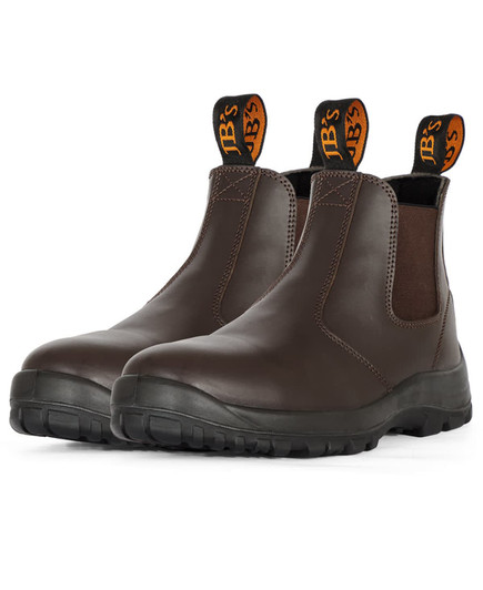 Brown soft toe boots with elastic sides and pull tabs, featuring a branded logo on the tabs.