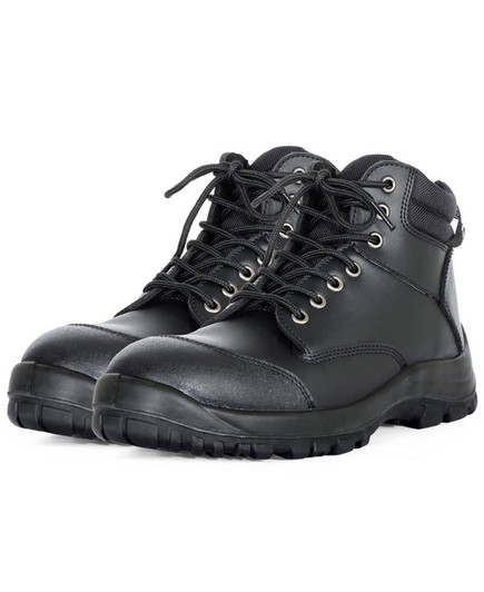 A pair of black safety boots with eyelets and laces, featuring a rugged sole and ankle support.