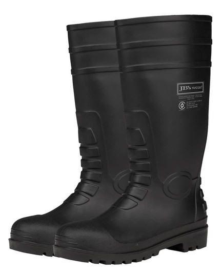 Black waterproof boots with a textured design and a logo, featuring a sturdy sole.