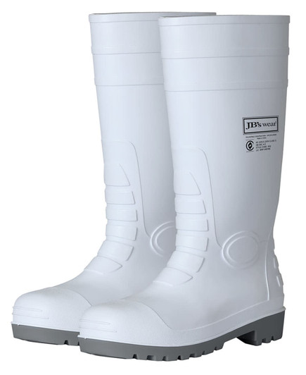 A pair of knee-high white boots with grey soles, featuring a distinctive logo.