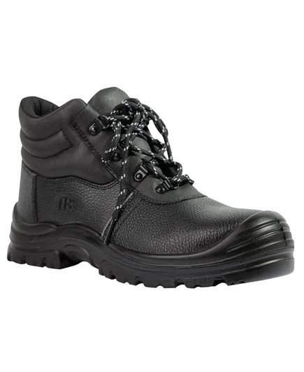 A black lace-up boot with a textured finish and sturdy sole, featuring stylish laces and a logo.