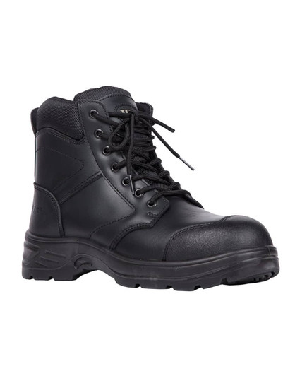 A black composite toe boot featuring a 5-inch design, lace-up closure, and a rugged sole. It has branding on the side.