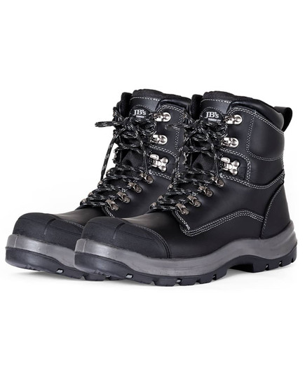 A pair of black waterproof boots with metallic eyelets and reinforced toe caps. Features a logo on the side.