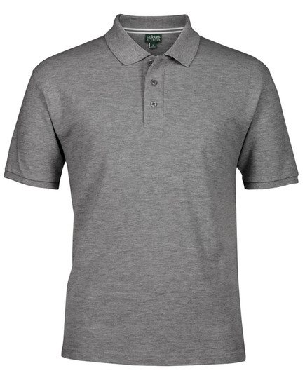 A grey polo shirt featuring a collar and three buttons, with a logo on the chest area.