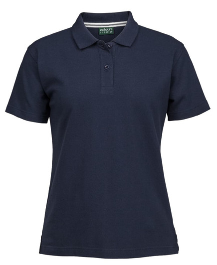 A navy ladies' pique polo shirt featuring a collar, short sleeves, and a button placket. It has a logo on it.