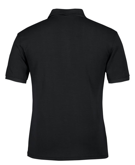 A black polo shirt featuring a collar and short sleeves, with a logo on the back.