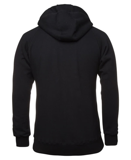 A black hoodie featuring a hood, with a simple design and no visible logos.