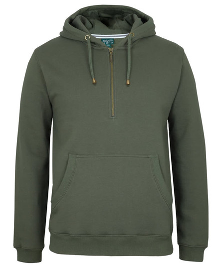 A green brass 1/2 zip hoodie featuring a front pocket and a hood, with a logo on the label.