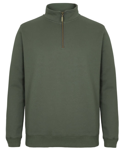 A green brass 1/2 zip jumper with long sleeves and a stand-up collar. It features a zip closure and has a logo.