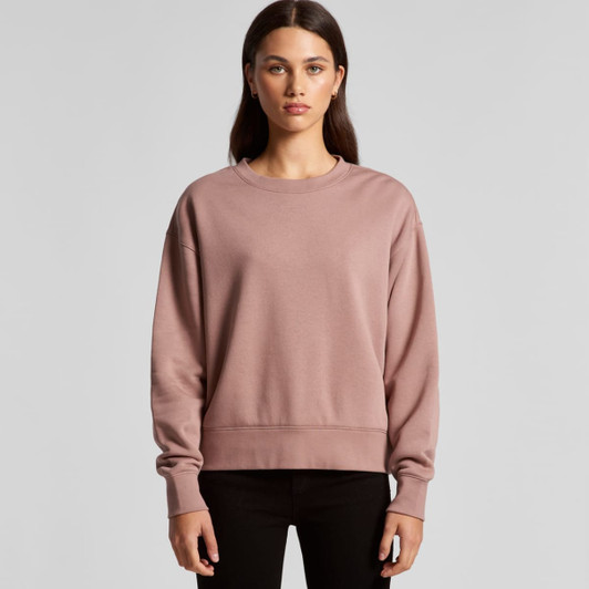 A crew jumper in a soft mauve colour, featuring a relaxed fit and long sleeves, with a minimalistic design.
