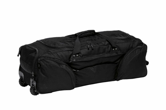 A wheeled black travel bag with multiple pockets and sturdy straps for easy carrying. The bag features a logo.