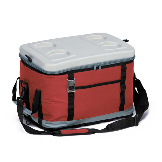 A red and grey cooler with a lid featuring cup holders and a shoulder strap, showcasing a logo on the side.