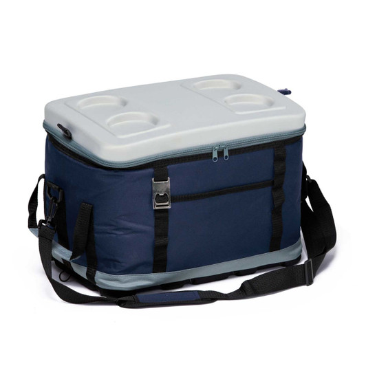 A navy blue cooler bag with a grey lid, featuring cup holders and a shoulder strap. It has a front pocket and a branding logo.