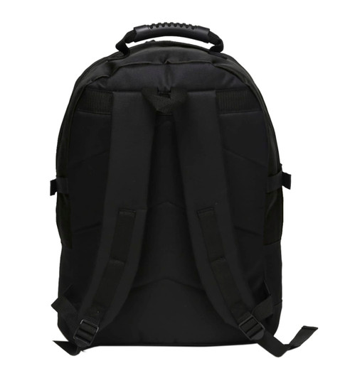 A black backpack featuring padded straps and a top handle, with a structured design and no visible external pockets.
