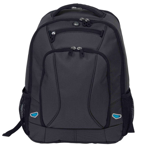 A grey backpack with black accents, featuring multiple compartments and a side mesh pocket. It has a logo on it.