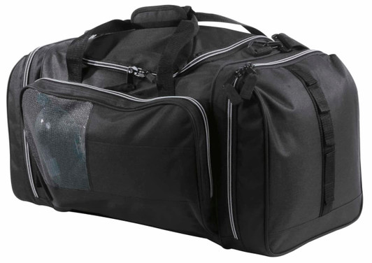 A black Kamakazi Sports Bag with multiple compartments and a mesh pocket, featuring a branding logo.
