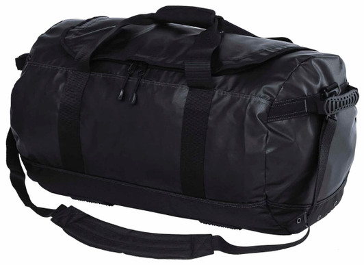 A black duffle bag with sturdy handles and a removable shoulder strap, featuring a logo on the side.