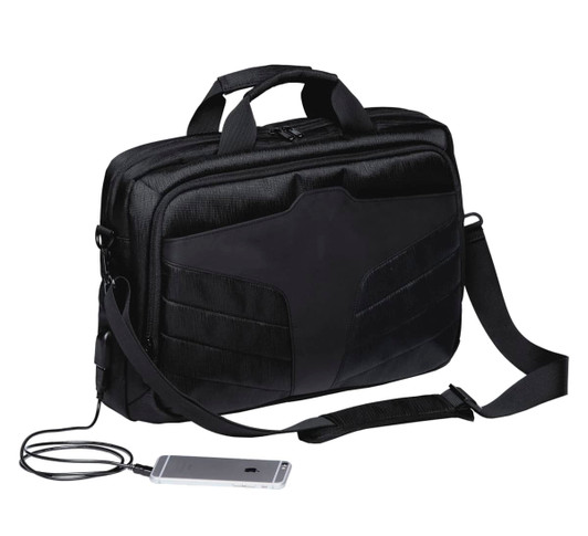 A black laptop bag with a structured design, featuring handles, a shoulder strap, and a side pocket with a charging cable.