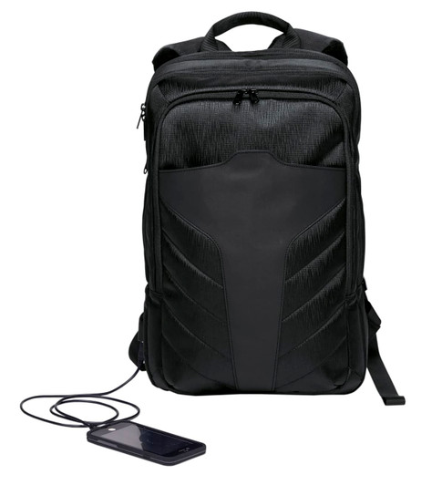 A black backpack with a sleek design and a charging cable connected to a phone lying beside it. It features a logo.