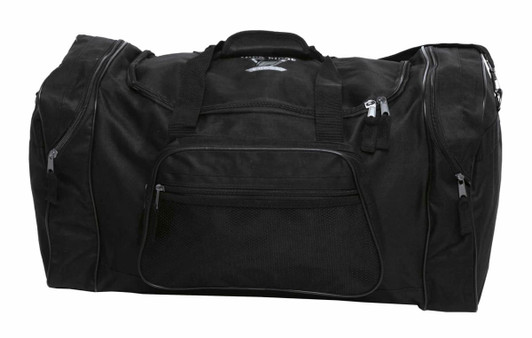 A black duffle bag with multiple compartments and zippers, featuring a logo on the front.