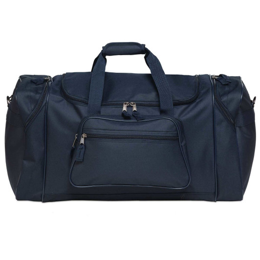 A navy blue duffle bag with a large main compartment, side pockets, and a front zippered pocket. It has a logo.