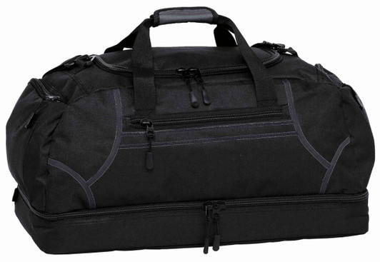 A black duffle bag with multiple zippered compartments and carry handles, featuring a logo.
