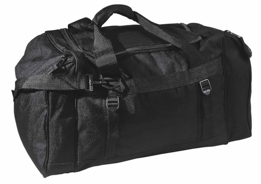 A black duffle bag with multiple straps and compartments, featuring a logo on the side.