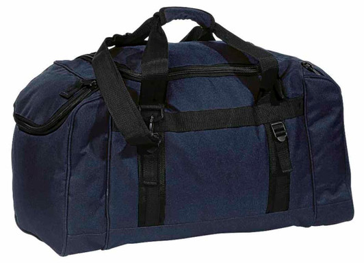 A dark navy duffle bag with handles and adjustable shoulder strap, featuring multiple zippered compartments.