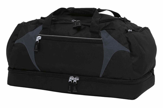 A black duffle bag featuring grey accents and multiple zippered compartments, with a logo displayed.