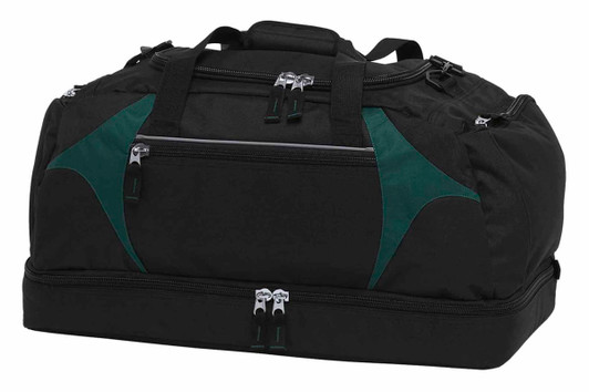 A black sports duffle bag with green accents and multiple zippered compartments. It features a logo on the front.