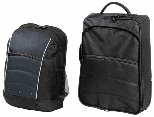A black wheeled travel bag with multiple compartments, featuring a mesh pocket and a sturdy handle.