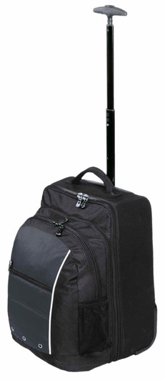 A wheeled travel bag in black with a retractable handle and zippered compartments. Features mesh side pockets and a logo.