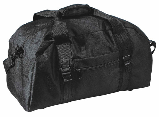 A black duffle bag with multiple straps and compartments, featuring a small front pocket and a logo.