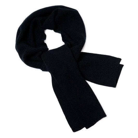 A dark navy Merino scarf with a ribbed texture, featuring a simple design and a logo.