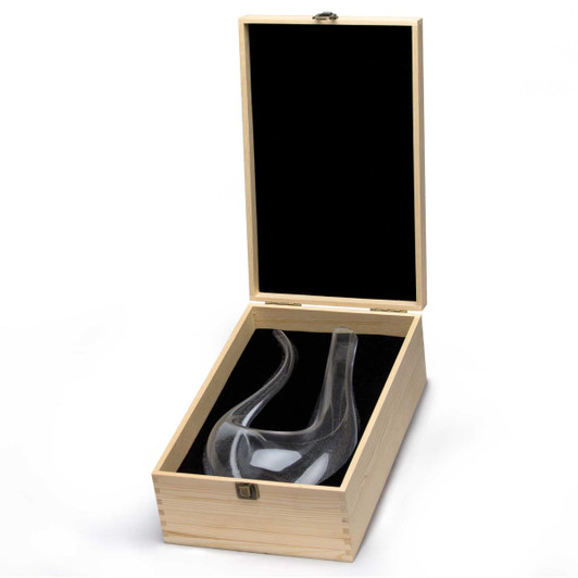 A glass Barolo wine decanter in a wooden gift box with a black interior.