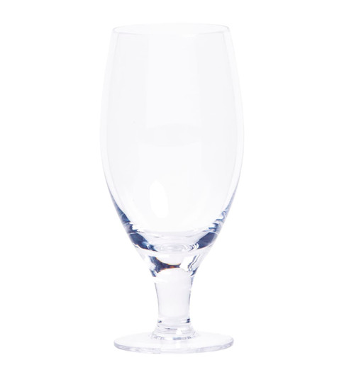 A clear glass beer glass with a tall, elegant shape and a sturdy base.