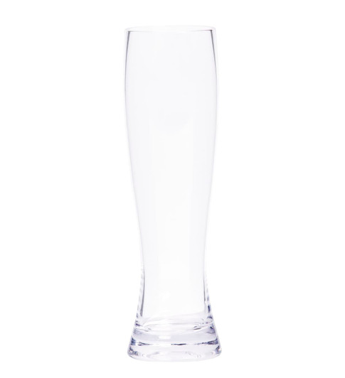 A clear glass beer glass with a tall, slender design and a thick base, featuring a logo.